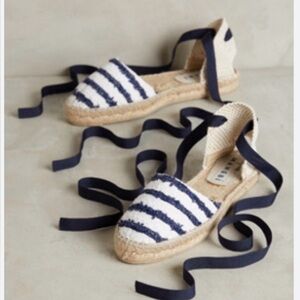 MANEBI NWOT ANTHROPOLOGIE ESPADRILLE SANDAL NAVY WHITE ANKLE LACE UP WOMEN SZ 38